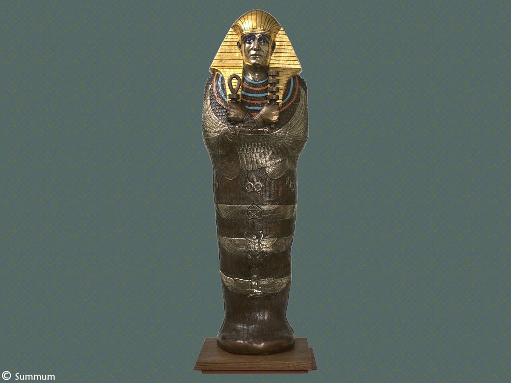 A sarcophagus made of bronze and adorned with gold.